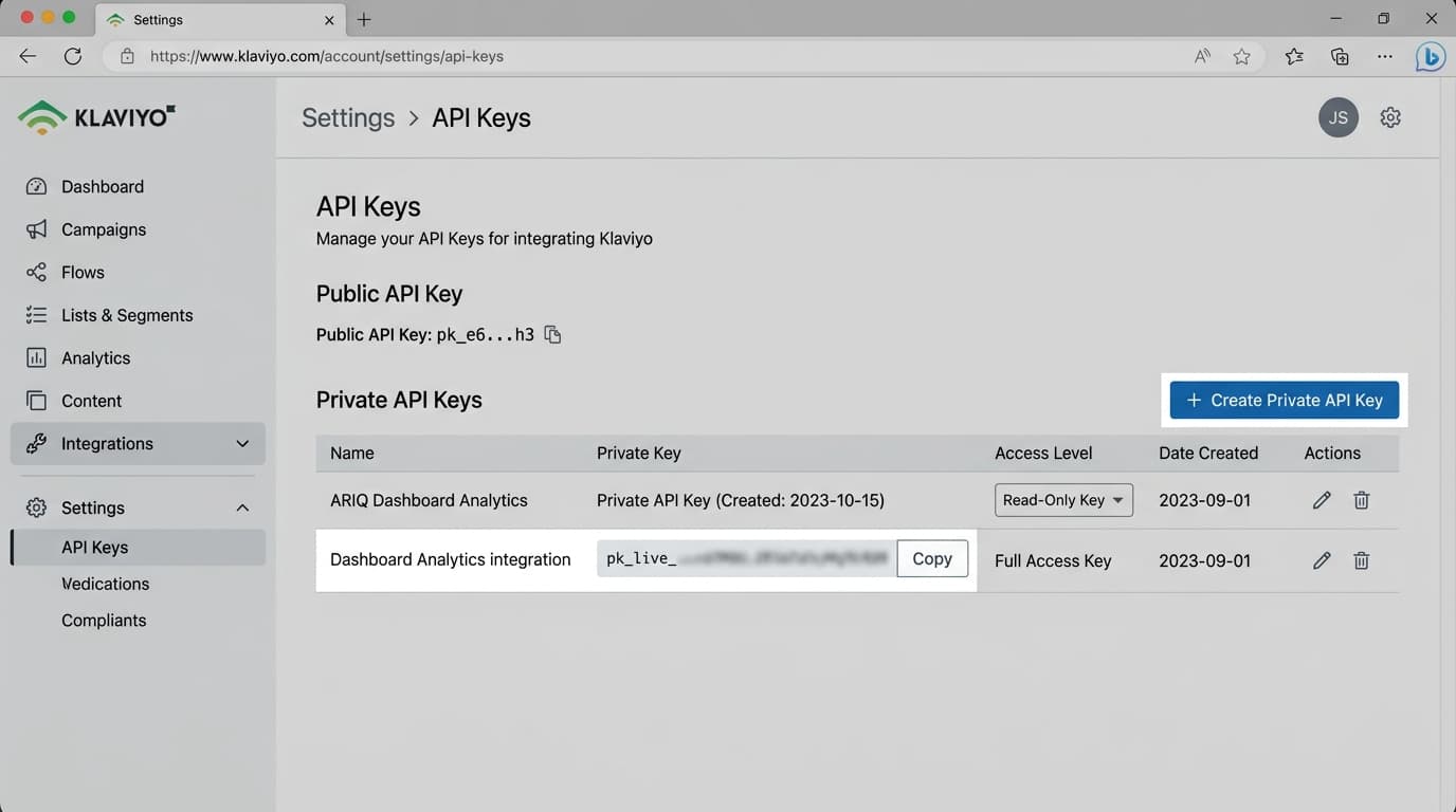 Klaviyo private API keys