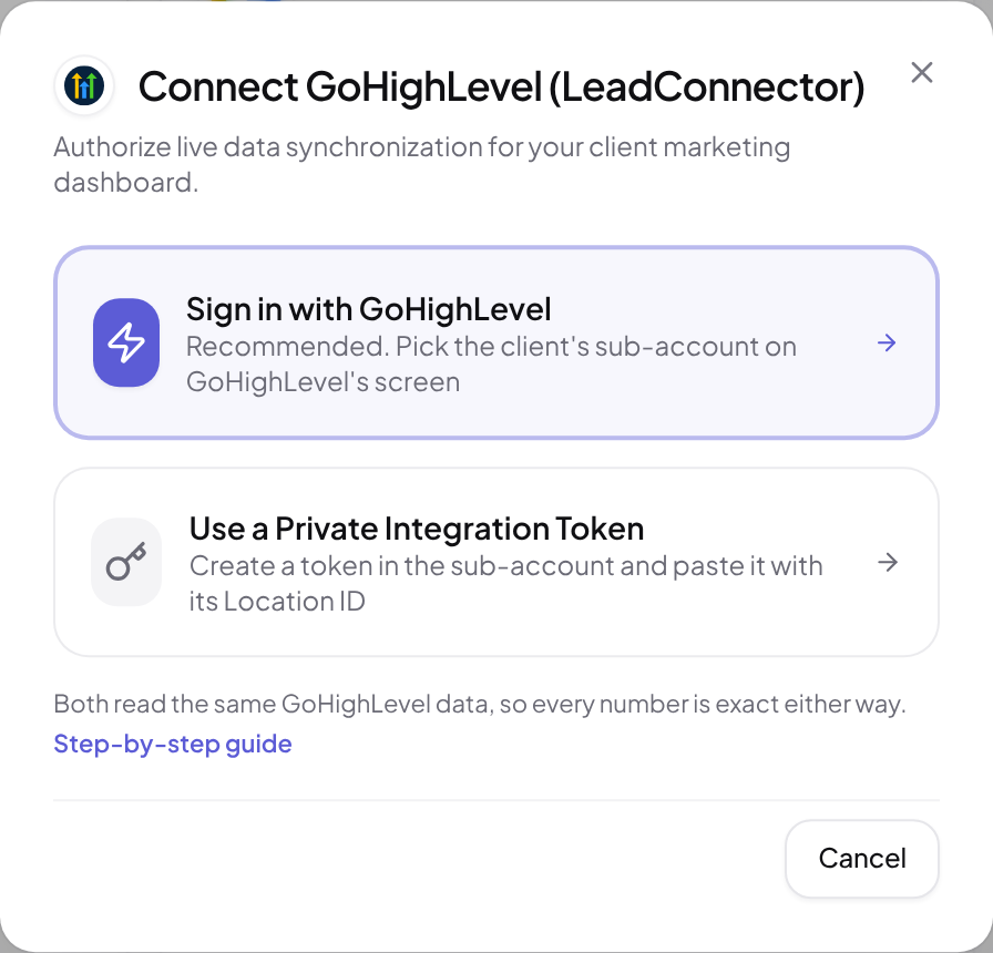 ARIQ's GoHighLevel connect window with Sign in with GoHighLevel and Use a Private Integration Token