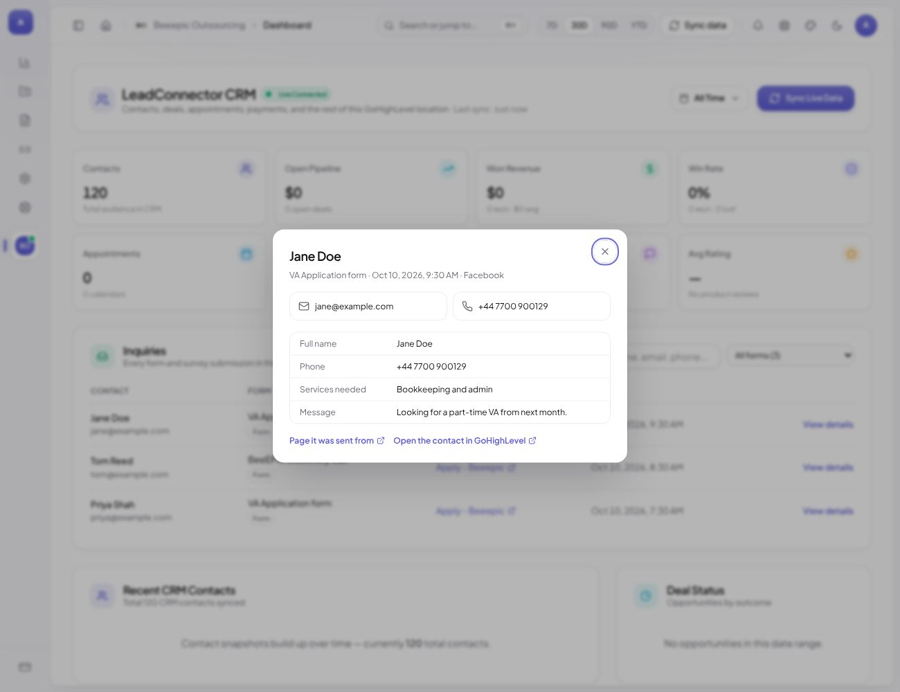 A submission's details: email, phone and each field