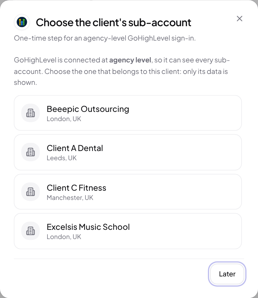 ARIQ's sub-account chooser listing the agency's sub-accounts