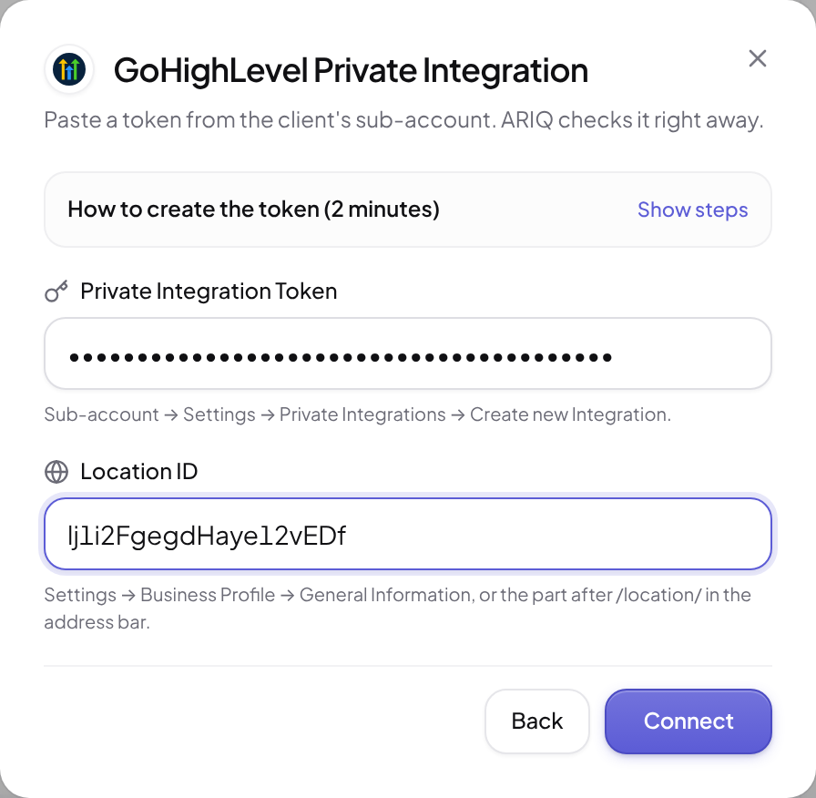 ARIQ's Private Integration Token form