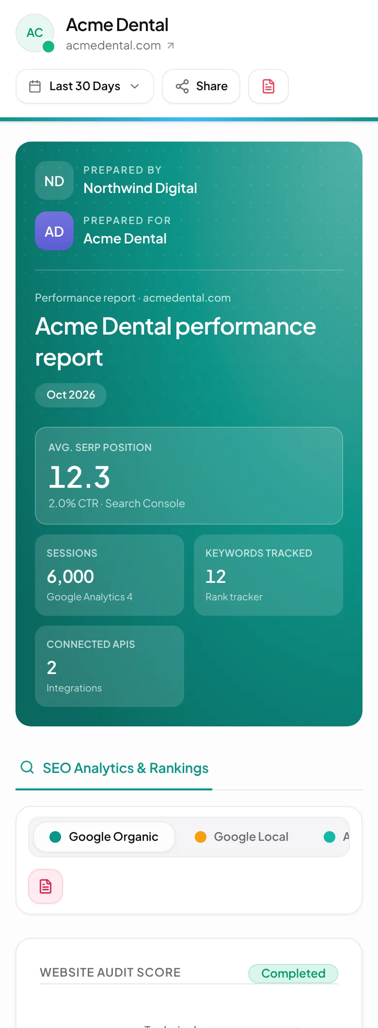 A client's live report on a phone, in the agency's brand