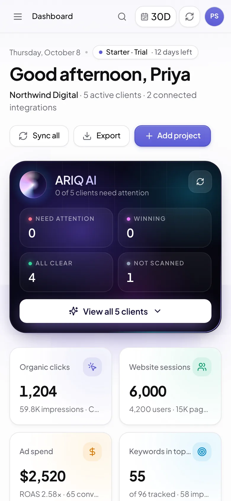 ARIQ agency dashboard on a phone: greeting, ARIQ AI summary of which clients need attention, and key numbers